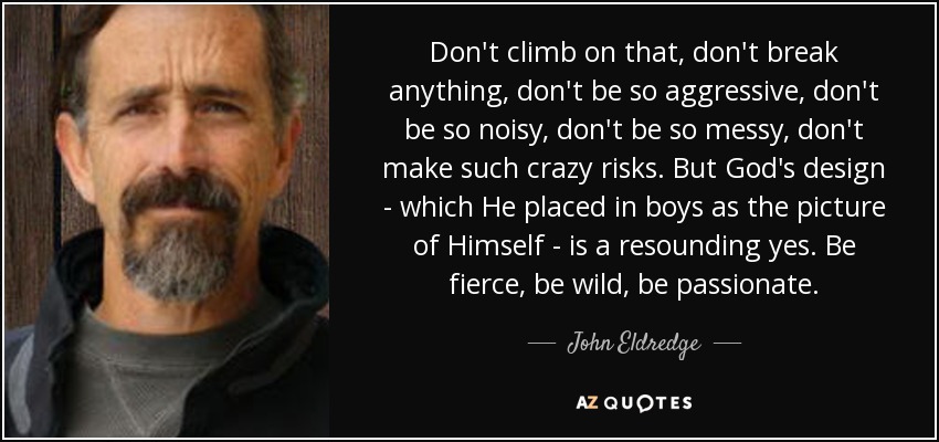 Don't climb on that, don't break anything, don't be so aggressive, don't be so noisy, don't be so messy, don't make such crazy risks. But God's design - which He placed in boys as the picture of Himself - is a resounding yes. Be fierce, be wild, be passionate. - John Eldredge
