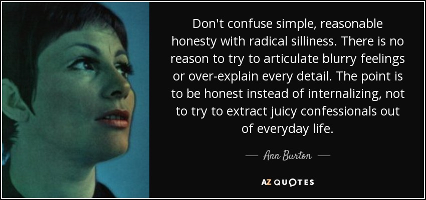 Don't confuse simple, reasonable honesty with radical silliness. There is no reason to try to articulate blurry feelings or over-explain every detail. The point is to be honest instead of internalizing, not to try to extract juicy confessionals out of everyday life. - Ann Burton