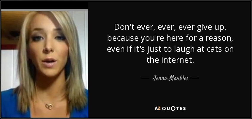 Don't ever, ever, ever give up, because you're here for a reason, even if it's just to laugh at cats on the internet. - Jenna Marbles