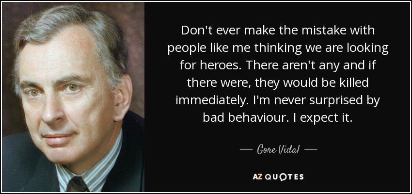 Don't ever make the mistake with people like me thinking we are looking for heroes. There aren't any and if there were, they would be killed immediately. I'm never surprised by bad behaviour. I expect it. - Gore Vidal