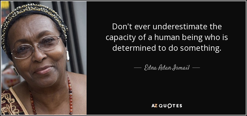 Don't ever underestimate the capacity of a human being who is determined to do something. - Edna Adan Ismail