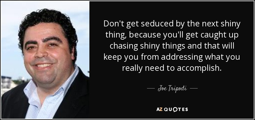 Don't get seduced by the next shiny thing, because you'll get caught up chasing shiny things and that will keep you from addressing what you really need to accomplish. - Joe Tripodi