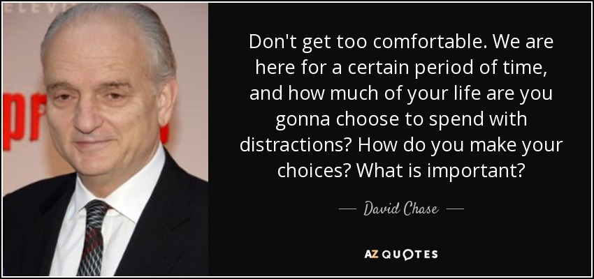 Don't get too comfortable. We are here for a certain period of time, and how much of your life are you gonna choose to spend with distractions? How do you make your choices? What is important? - David Chase