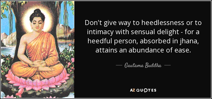 Don't give way to heedlessness or to intimacy with sensual delight - for a heedful person, absorbed in jhana, attains an abundance of ease. - Gautama Buddha