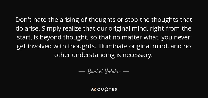 Don't hate the arising of thoughts or stop the thoughts that do arise. Simply realize that our original mind, right from the start, is beyond thought, so that no matter what, you never get involved with thoughts. Illuminate original mind, and no other understanding is necessary. - Bankei Yotaku