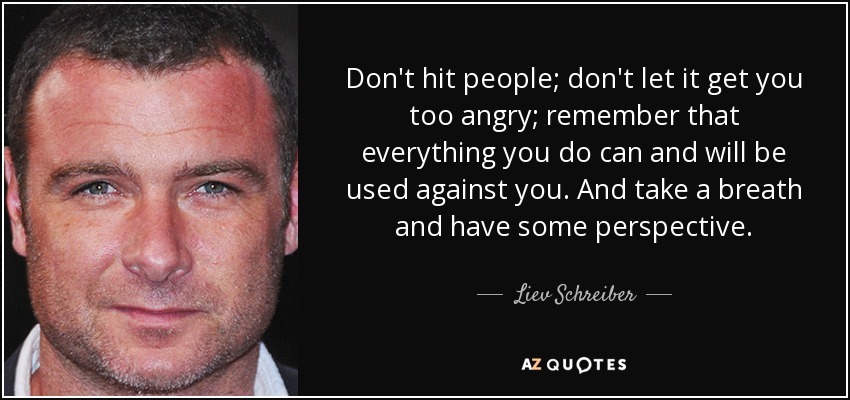 Don't hit people; don't let it get you too angry; remember that everything you do can and will be used against you. And take a breath and have some perspective. - Liev Schreiber