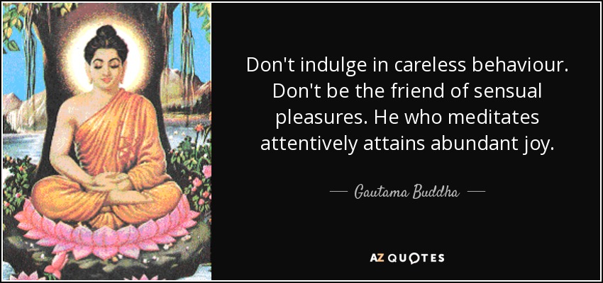 Don't indulge in careless behaviour. Don't be the friend of sensual pleasures. He who meditates attentively attains abundant joy. - Gautama Buddha