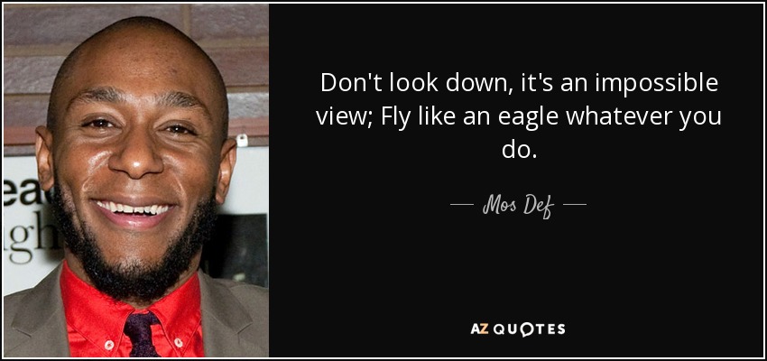 Don't look down, it's an impossible view; Fly like an eagle whatever you do. - Mos Def