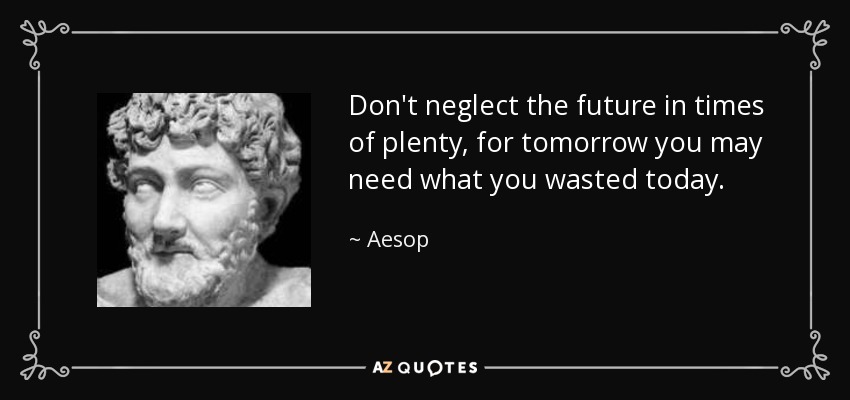 Don't neglect the future in times of plenty, for tomorrow you may need what you wasted today. - Aesop