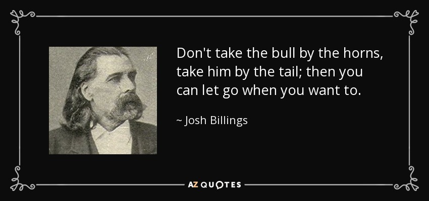 Don't take the bull by the horns, take him by the tail; then you can let go when you want to. - Josh Billings
