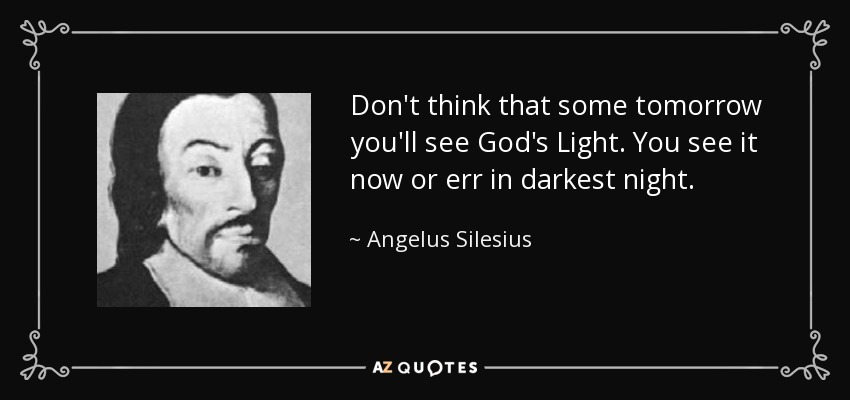 Don't think that some tomorrow you'll see God's Light. You see it now or err in darkest night. - Angelus Silesius