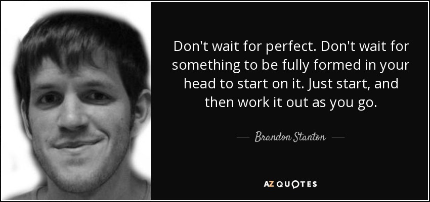 Don't wait for perfect. Don't wait for something to be fully formed in your head to start on it. Just start, and then work it out as you go. - Brandon Stanton