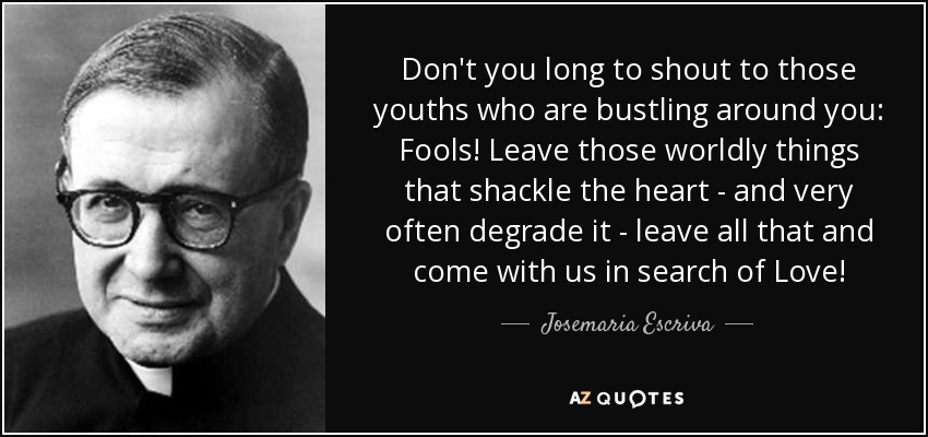 Don't you long to shout to those youths who are bustling around you: Fools! Leave those worldly things that shackle the heart - and very often degrade it - leave all that and come with us in search of Love! - Josemaria Escriva