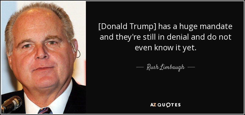 [Donald Trump] has a huge mandate and they're still in denial and do not even know it yet. - Rush Limbaugh