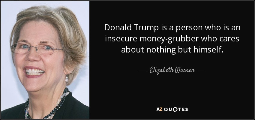 Donald Trump is a person who is an insecure money-grubber who cares about nothing but himself. - Elizabeth Warren