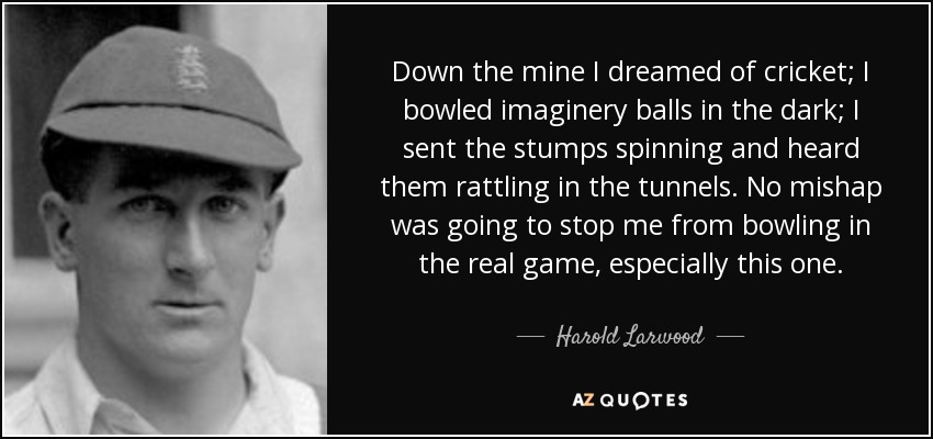 Down the mine I dreamed of cricket; I bowled imaginery balls in the dark; I sent the stumps spinning and heard them rattling in the tunnels. No mishap was going to stop me from bowling in the real game, especially this one. - Harold Larwood