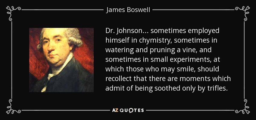 Dr. Johnson ... sometimes employed himself in chymistry, sometimes in watering and pruning a vine, and sometimes in small experiments, at which those who may smile, should recollect that there are moments which admit of being soothed only by trifles. - James Boswell