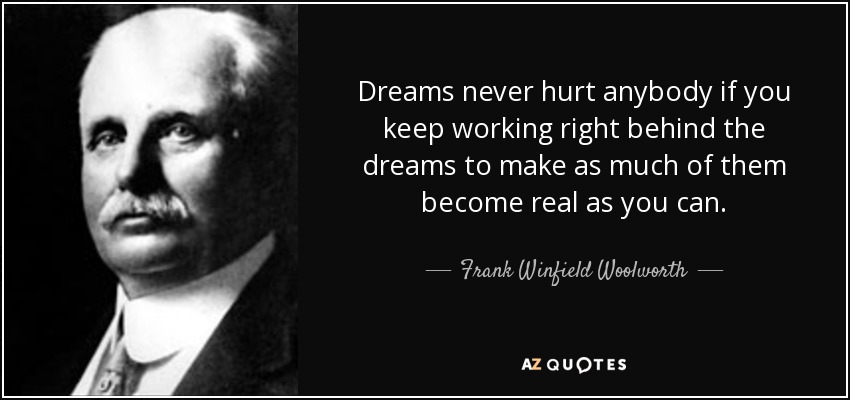 Dreams never hurt anybody if you keep working right behind the dreams to make as much of them become real as you can. - Frank Winfield Woolworth