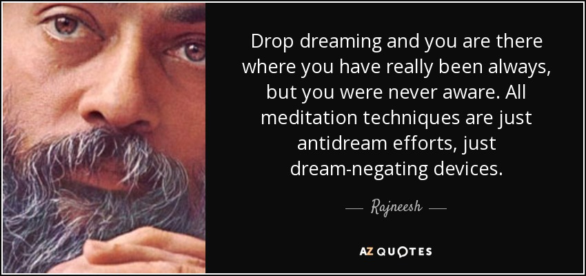 Drop dreaming and you are there where you have really been always, but you were never aware. All meditation techniques are just antidream efforts, just dream-negating devices. - Rajneesh