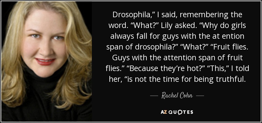 Drosophila,” I said, remembering the word. “What?” Lily asked. “Why do girls always fall for guys with the at ention span of drosophila?” “What?” “Fruit flies. Guys with the attention span of fruit flies.” “Because they’re hot?” “This,” I told her, “is not the time for being truthful. - Rachel Cohn