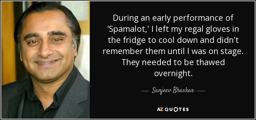 During an early performance of 'Spamalot,' I left my regal gloves in the fridge to cool down and didn't remember them until I was on stage. They needed to be thawed overnight. - Sanjeev Bhaskar