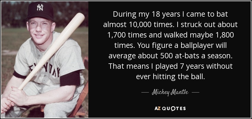 During my 18 years I came to bat almost 10,000 times. I struck out about 1,700 times and walked maybe 1,800 times. You figure a ballplayer will average about 500 at-bats a season. That means I played 7 years without ever hitting the ball. - Mickey Mantle