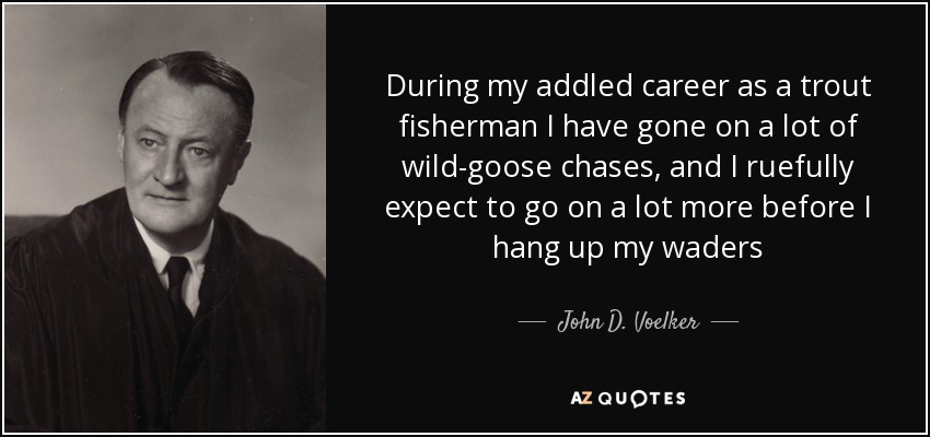 During my addled career as a trout fisherman I have gone on a lot of wild-goose chases, and I ruefully expect to go on a lot more before I hang up my waders - John D. Voelker