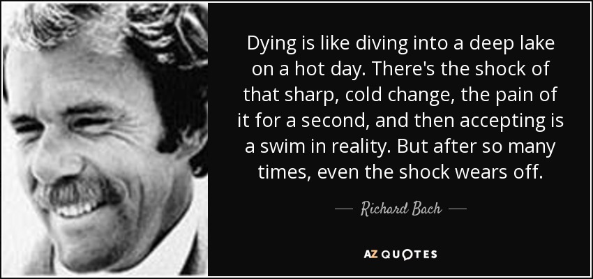 Dying is like diving into a deep lake on a hot day. There's the shock of that sharp, cold change, the pain of it for a second, and then accepting is a swim in reality. But after so many times, even the shock wears off. - Richard Bach