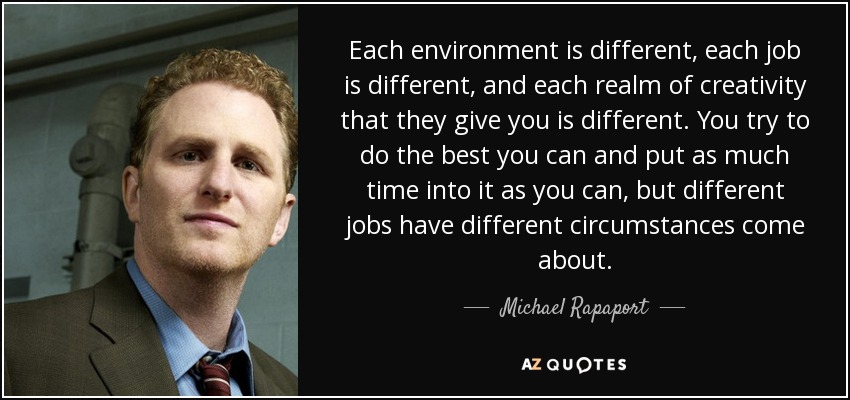 Each environment is different, each job is different, and each realm of creativity that they give you is different. You try to do the best you can and put as much time into it as you can, but different jobs have different circumstances come about. - Michael Rapaport