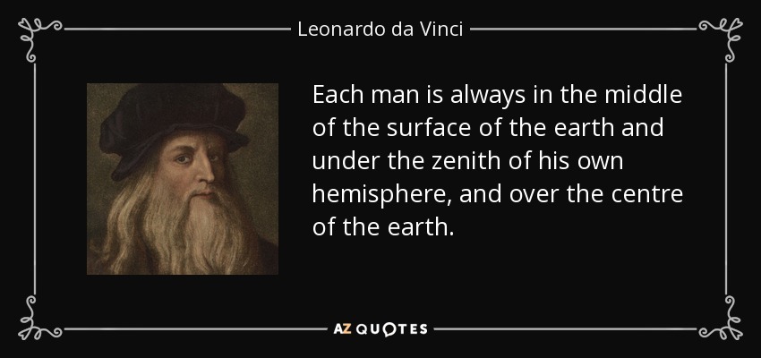 Each man is always in the middle of the surface of the earth and under the zenith of his own hemisphere, and over the centre of the earth. - Leonardo da Vinci