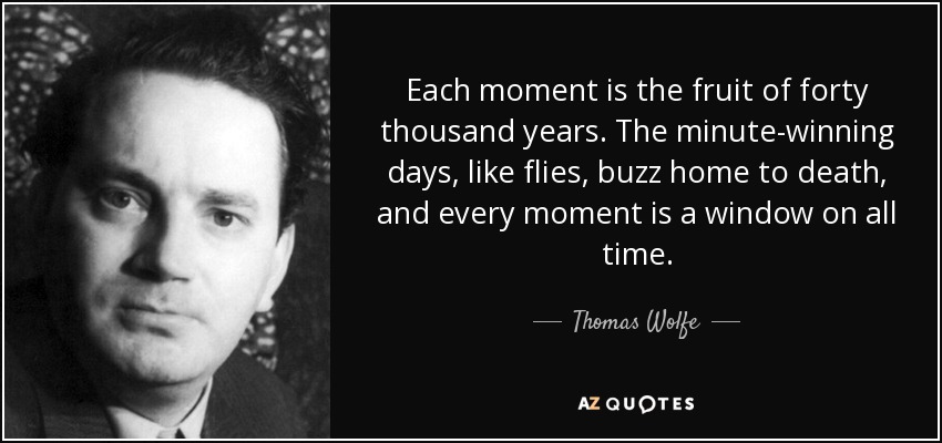 Each moment is the fruit of forty thousand years. The minute-winning days, like flies, buzz home to death, and every moment is a window on all time. - Thomas Wolfe