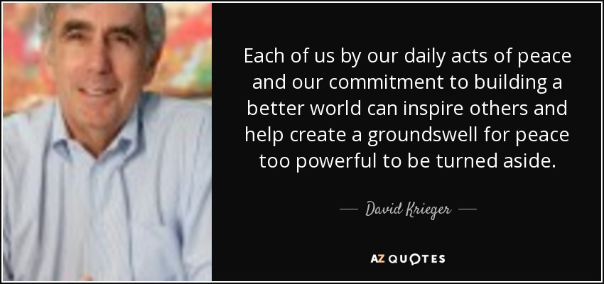 Each of us by our daily acts of peace and our commitment to building a better world can inspire others and help create a groundswell for peace too powerful to be turned aside. - David Krieger