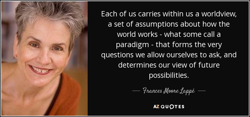 Each of us carries within us a worldview, a set of assumptions about how the world works - what some call a paradigm - that forms the very questions we allow ourselves to ask, and determines our view of future possibilities. - Frances Moore Lappé