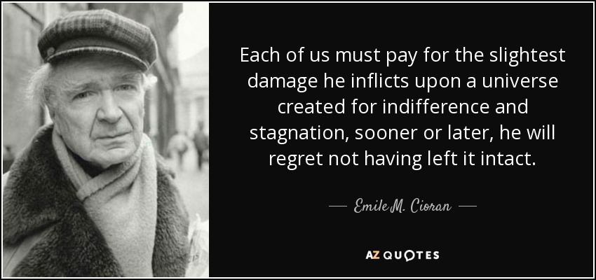Each of us must pay for the slightest damage he inflicts upon a universe created for indifference and stagnation, sooner or later, he will regret not having left it intact. - Emile M. Cioran