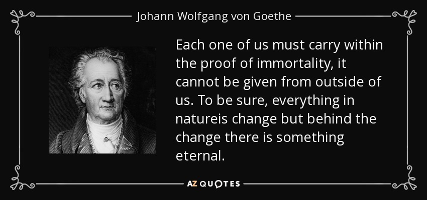 Each one of us must carry within the proof of immortality, it cannot be given from outside of us. To be sure, everything in natureis change but behind the change there is something eternal. - Johann Wolfgang von Goethe