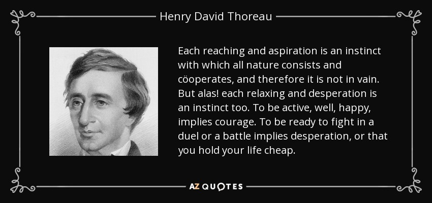 Each reaching and aspiration is an instinct with which all nature consists and cöoperates, and therefore it is not in vain. But alas! each relaxing and desperation is an instinct too. To be active, well, happy, implies courage. To be ready to fight in a duel or a battle implies desperation, or that you hold your life cheap. - Henry David Thoreau