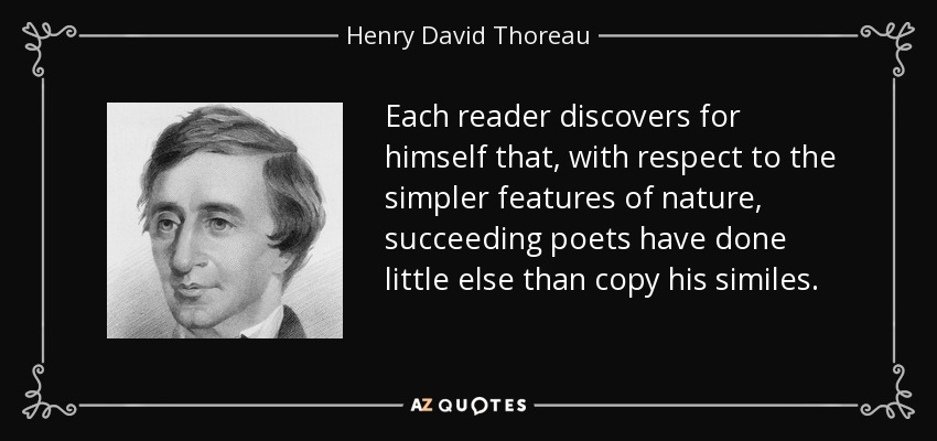 Each reader discovers for himself that, with respect to the simpler features of nature, succeeding poets have done little else than copy his similes. - Henry David Thoreau