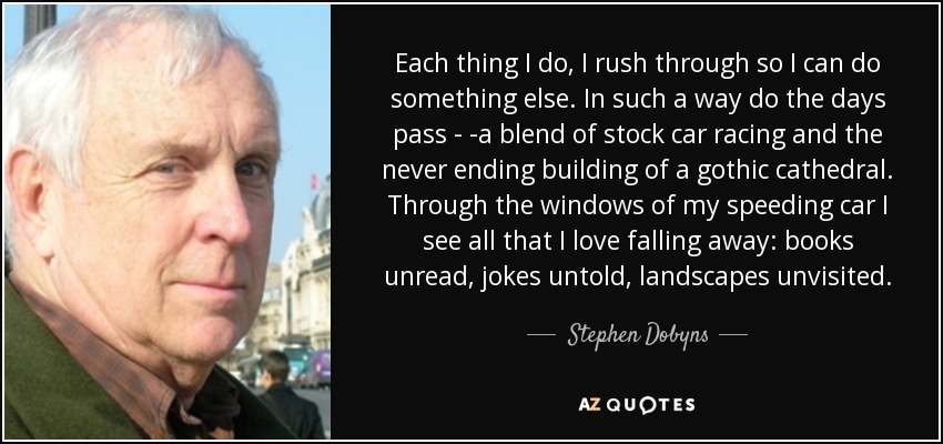 Each thing I do, I rush through so I can do something else. In such a way do the days pass - -a blend of stock car racing and the never ending building of a gothic cathedral. Through the windows of my speeding car I see all that I love falling away: books unread, jokes untold, landscapes unvisited. - Stephen Dobyns