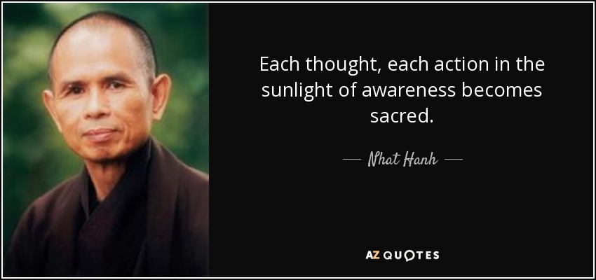 Each thought, each action in the sunlight of awareness becomes sacred. - Nhat Hanh