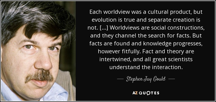 Each worldview was a cultural product, but evolution is true and separate creation is not. [...] Worldviews are social constructions, and they channel the search for facts. But facts are found and knowledge progresses, however fitfully. Fact and theory are intertwined, and all great scientists understand the interaction. - Stephen Jay Gould