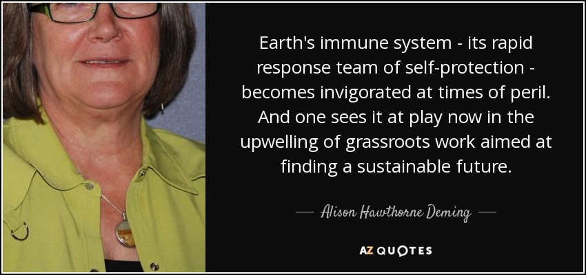 Earth's immune system - its rapid response team of self-protection - becomes invigorated at times of peril. And one sees it at play now in the upwelling of grassroots work aimed at finding a sustainable future. - Alison Hawthorne Deming