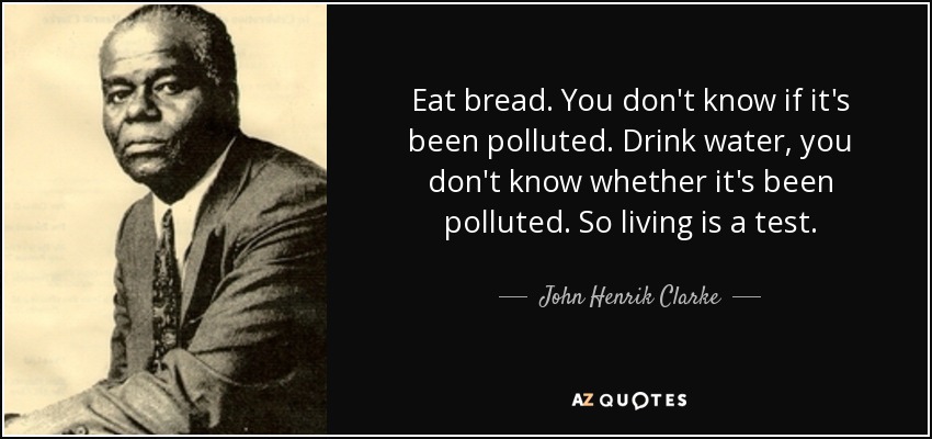 Eat bread. You don't know if it's been polluted. Drink water, you don't know whether it's been polluted. So living is a test. - John Henrik Clarke