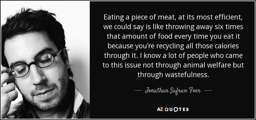 Eating a piece of meat, at its most efficient, we could say is like throwing away six times that amount of food every time you eat it because you're recycling all those calories through it. I know a lot of people who came to this issue not through animal welfare but through wastefulness. - Jonathan Safran Foer