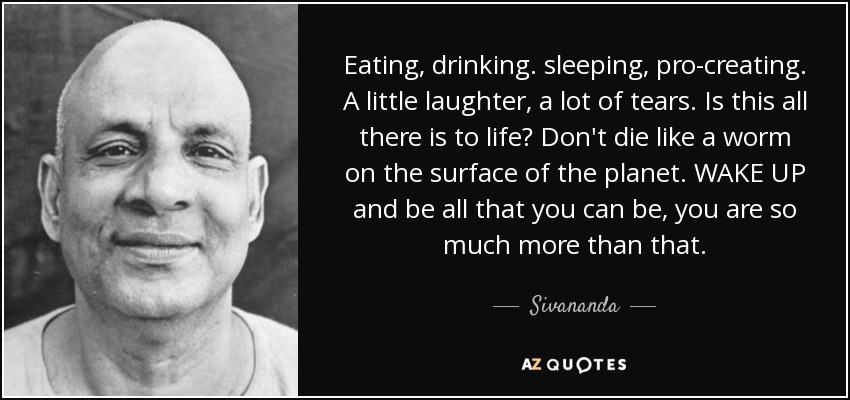 Eating, drinking. sleeping, pro-creating. A little laughter, a lot of tears. Is this all there is to life? Don't die like a worm on the surface of the planet. WAKE UP and be all that you can be, you are so much more than that. - Sivananda