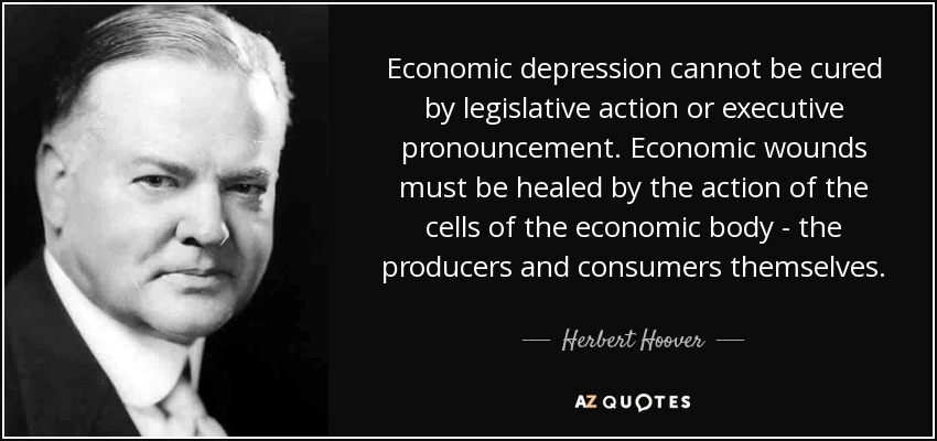 Economic depression cannot be cured by legislative action or executive pronouncement. Economic wounds must be healed by the action of the cells of the economic body - the producers and consumers themselves. - Herbert Hoover