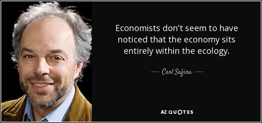 Economists don't seem to have noticed that the economy sits entirely within the ecology. - Carl Safina