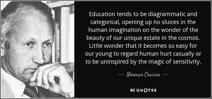 Education tends to be diagrammatic and categorical, opening up no sluices in the human imagination on the wonder of the beauty of our unique estate in the cosmos. Little wonder that it becomes so easy for our young to regard human hurt casually or to be uninspired by the magic of sensitivity. - Norman Cousins
