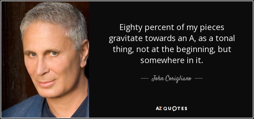 Eighty percent of my pieces gravitate towards an A, as a tonal thing, not at the beginning, but somewhere in it. - John Corigliano