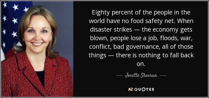 Eighty percent of the people in the world have no food safety net. When disaster strikes — the economy gets blown, people lose a job, floods, war, conflict, bad governance, all of those things — there is nothing to fall back on. - Josette Sheeran