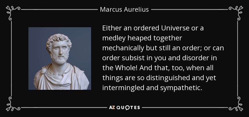 Either an ordered Universe or a medley heaped together mechanically but still an order; or can order subsist in you and disorder in the Whole! And that, too, when all things are so distinguished and yet intermingled and sympathetic. - Marcus Aurelius